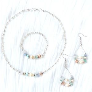 Hawaiian Momi Shell And Glass Uneven Bead Necklace Bracelet And Earrings Set